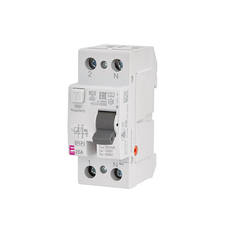 Srovės nuotėkio rėlė ETI EFI-P2 A 10kA, 2P, 25 A,240 V,30 mA