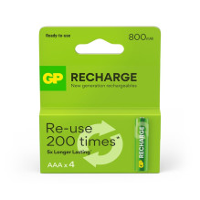 Rechargeable batteries GP RECHARGE AAA, 800mAh, 4 pcs. Rechargeable batteries GP RECHARGE AAA, 800mAh, 4 pcs.