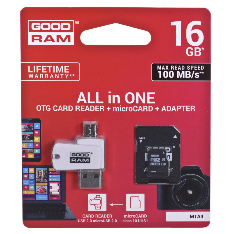 microSDHC card 16GB CL10 + adapter + reader
