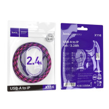 USB A tipo į „Lightning“ tipo laidas Hoco 2,4A, 1 m, X116, gradientinis, violetinis