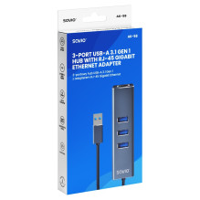 Savio AK-57 USB-A – 3 x USB-A šakotuvas su RJ-45 gigabito eterneto adapteriu, 5000 Mb/s, pilkas, USB 3.2 Gen 1 (3.1 Gen Savio AK-57 USB-A – 3 x USB-A šakotuvas su RJ-45 gigabito eterneto adapteriu, 5000 Mb/s, pilkas, USB 3.2 Gen 1 (3.1 Gen