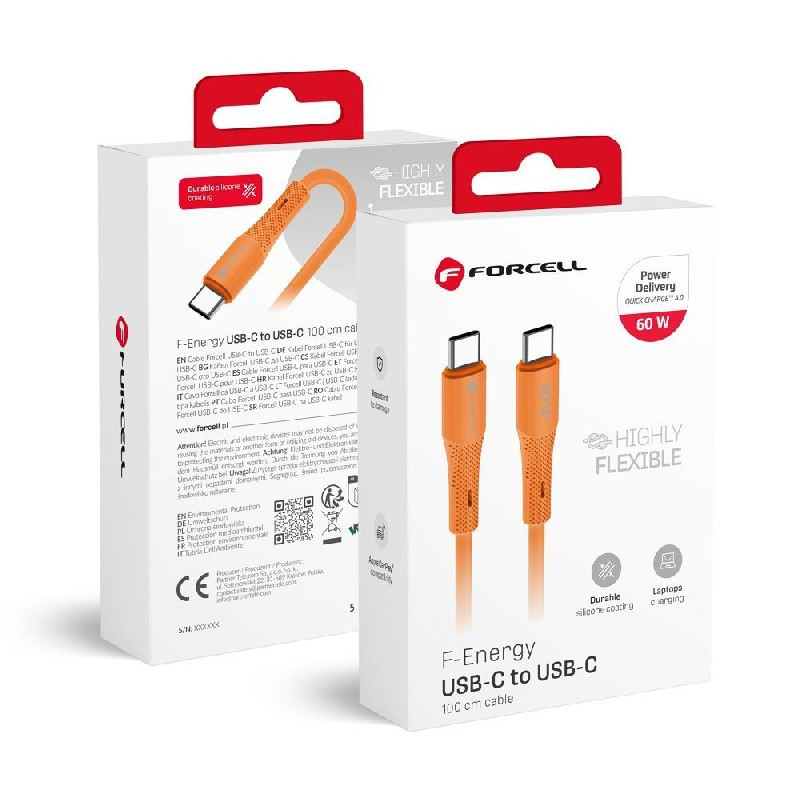USB kabelis Forcell (C344) "USB-C (Type-C) to USB-C (Type-C)" (3A 60W 1m) oranžinis