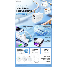 Įkroviklis Remax RP-U120 20W USB-C / USB-A + USB-C to USB-C cable 1.0m baltas Įkroviklis Remax RP-U120 20W USB-C / USB-A + USB-C to USB-C cable 1.0m baltas