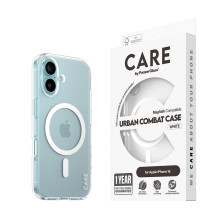 CARE Flagship dėklas su baltu „MagSafe iPhone 16“, permatomas CARE Flagship dėklas su baltu „MagSafe iPhone 16“, permatomas