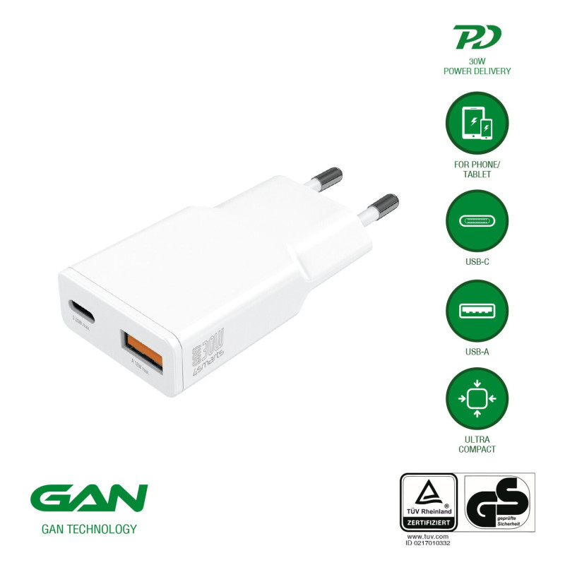 Sieninis įkroviklis PDPlug Duos Slim 30W GaN 1C+1A, baltas