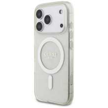 „Guess IML“ blizgantis perlų dirželis su „MagSafe“ dėklu, skirtas „iPhone 17 Pro“ – permatomas