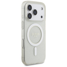 „Guess IML“ blizgantis perlų dirželis su „MagSafe“ dėklu, skirtas „iPhone 17 Pro“ – permatomas