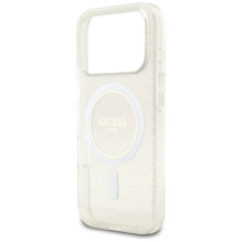 „Guess IML“ blizgantis perlų dirželis su „MagSafe“ dėklu, skirtas „iPhone 17 Pro“ – permatomas