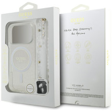 „Guess IML“ blizgantis perlų dirželis su „MagSafe“ dėklu, skirtas „iPhone 17 Pro“ – permatomas