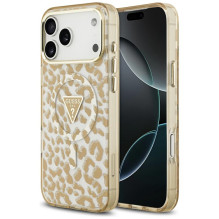 „Guess“ leopardo spalvos blizgučiais dengtas „MagSafe“ dėklas, skirtas „iPhone 17 Pro Max“ – rudas