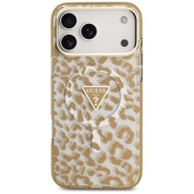 „Guess“ leopardo spalvos blizgučiais dengtas „MagSafe“ dėklas, skirtas „iPhone 17 Pro Max“ – rudas