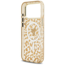 „Guess“ leopardo spalvos blizgučiais dengtas „MagSafe“ dėklas, skirtas „iPhone 17 Pro Max“ – rudas