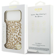 „Guess“ leopardo spalvos blizgučiais dengtas „MagSafe“ dėklas, skirtas „iPhone 17 Pro Max“ – rudas