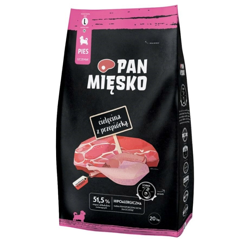 PAN MIĘSKO Veršiena su putpelėmis L šuniukams - sausas šunų ėdalas - 20 kg