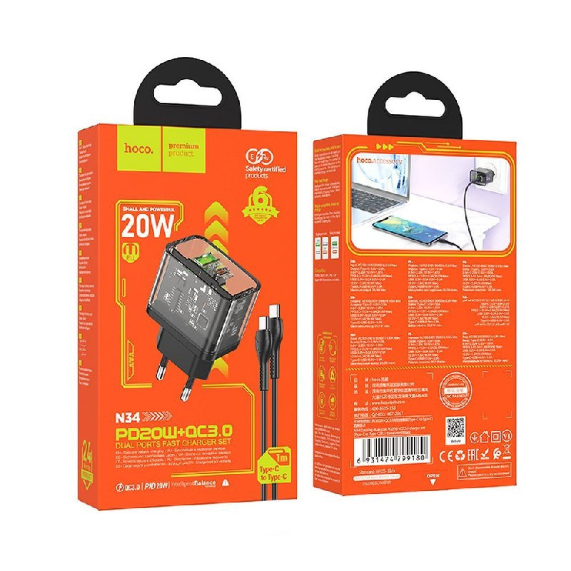 Įkroviklis Hoco N34 + "USB-C (Type-C) to USB-C (Type-C)" (1xUSB-C 1xUSB 20W)