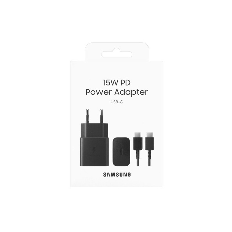 Įkroviklis originalus Samsung Fast Charging (Type-C) (EP-T1510XBEGEU) (15W) juodas + USB-C laidas su įpakavimu
