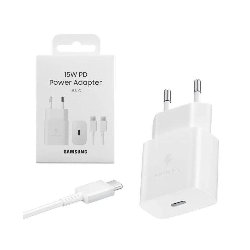 Įkroviklis originalus Samsung Fast Charging (Type-C) (EP-T1510XWEGEU) (15W) baltas + USB-C laidas su įpakavimu