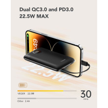 Nešiojamoji baterija Veger C11 (W1170) PD QC3.0 2A 22,5W 10000 mAh su integruotais laidais USB C / Lightning, juoda Nešiojamoji baterija Veger C11 (W1170) PD QC3.0 2A 22,5W 10000 mAh su integruotais laidais USB C / Lightning, juoda