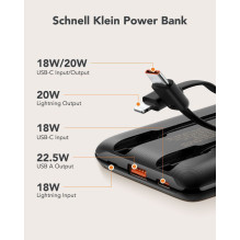Nešiojamoji baterija Veger C11 (W1170) PD QC3.0 2A 22,5W 10000 mAh su integruotais laidais USB C / Lightning, juoda Nešiojamoji baterija Veger C11 (W1170) PD QC3.0 2A 22,5W 10000 mAh su integruotais laidais USB C / Lightning, juoda