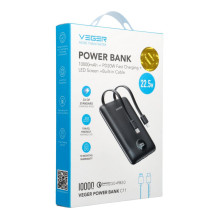 Nešiojamoji baterija Veger C11 (W1170) PD QC3.0 2A 22,5W 10000 mAh su integruotais laidais USB C / Lightning, juoda Nešiojamoji baterija Veger C11 (W1170) PD QC3.0 2A 22,5W 10000 mAh su integruotais laidais USB C / Lightning, juoda