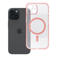 „iPhone 15“ skaidrus „Mag“ dėklas (STR / APSAUGA FOTOAPARATO), suderinamas su „MagSafe“ rausvais blizgučiais