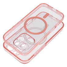 „iPhone 14“ skaidrus „Mag“ dėklas su kameros apsauga, suderinamas su „MagSafe“ rausvais blizgučiais.
