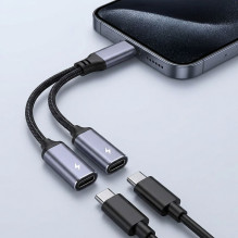 Adaptor AUX 2in1 Type C (male) to Type C (female) / Type C (female) Blue Star black DAC - max 25W charging Adaptor AUX 2in1 Type C (male) to Type C (female) / Type C (female) Blue Star black DAC - max 25W charging