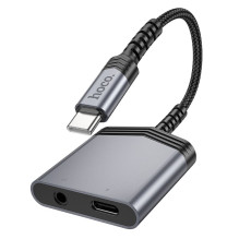 Adapteris AUX 2w1 USB C į USB C / Jack 3,5 mm Hoco 27W LS39 metalo pilkas Adapteris AUX 2w1 USB C į USB C / Jack 3,5 mm Hoco 27W LS39 metalo pilkas