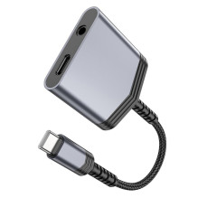 Adapteris AUX 2w1 USB C į USB C / Jack 3,5 mm Hoco 27W LS39 metalo pilkas Adapteris AUX 2w1 USB C į USB C / Jack 3,5 mm Hoco 27W LS39 metalo pilkas