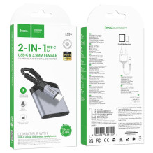 Adapteris AUX 2w1 USB C į USB C / Jack 3,5 mm Hoco 27W LS39 metalo pilkas Adapteris AUX 2w1 USB C į USB C / Jack 3,5 mm Hoco 27W LS39 metalo pilkas