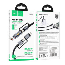 Laidas „viskas viename“ USB C / „Lightning“ į USB C / cigarečių žiebtuvėlio jungtį Hoco PD 3A 60W 1,2 m U138 pilkas