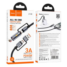 Laidas „viskas viename“ USB A / USB C į USB C / cigarečių žiebtuvėlio jungtis Hoco 3A 60W 1,2 m U138 juodas