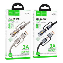 Laidas „viskas viename“ USB A / USB C į USB C / LED šviesą Hoco 3A 60W 1,2 m U138 juodas