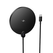 Belaidis įkroviklis Hoco 15W su USB-C laidu ir skaitmeniniu ekranu CW62, juodas