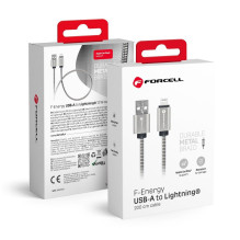 Laidas USB A į Lightning Forcell F-Energy 2,4A 12W metalinis 2 m C236 sidabrinis