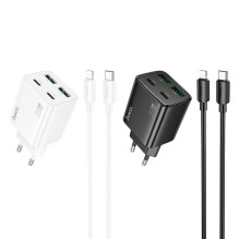 Telefono įkroviklis Hoco 2 x USB C + 2 x USB A QC3.0 PD 3A 20W + laidas USB C - Lightning N55 baltas