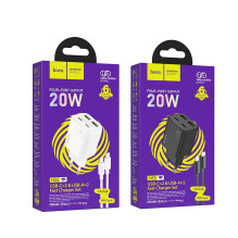 Telefono įkroviklis Hoco 2 x USB C + 2 x USB A QC3.0 PD 3A 20W + laidas USB C - Lightning N55 baltas