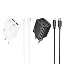 Telefono įkroviklis Hoco 2 x USB C + 2 x USB A QC3.0 PD 3A 30W + laidas USB C - Lightning N56 baltas