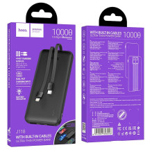 Išorinė baterija Hoco 10000 mAh 2A su integruotais laidais USB C + Lightning J118 juoda