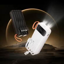„Hoco“ 20000 mAh 2A išorinė baterija su įmontuotais USB A + USB C + „Lightning“ + „Micro USB“ laidais ir dviguba lempute