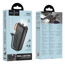 „Hoco“ 20000 mAh 2A išorinė baterija su įmontuotais USB A + USB C + „Lightning“ + „Micro USB“ laidais ir dviguba lempute