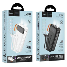 „Hoco“ 20000 mAh 2A išorinė baterija su įmontuotais USB A + USB C + „Lightning“ + „Micro USB“ laidais ir dviguba lempute