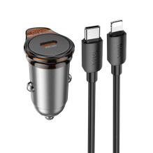 Automobilinis įkroviklis Hoco USB C QC PD 30W + laidas USB C - Lightning NZ16, pilkas, metalinis
