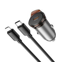 Car charger Hoco USB C QC PD 30W + cable USB C to Lightning NZ16 metal gray