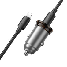 Car charger Hoco USB C QC PD 30W + cable USB C to Lightning NZ16 metal gray
