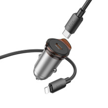 Car charger Hoco USB C QC PD 30W + cable USB C to Lightning NZ16 metal gray