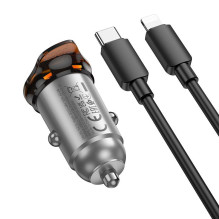 Car charger Hoco USB C QC PD 30W + cable USB C to Lightning NZ16 metal gray