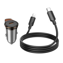 Automobilinis įkroviklis Hoco USB C QC PD 30W + laidas USB C - Lightning NZ16, pilkas, metalinis
