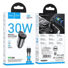 Automobilinis įkroviklis Hoco USB C QC PD 30W + laidas USB C - Lightning NZ16, pilkas, metalinis