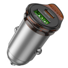 Automobilinis įkroviklis Hoco USB A + USB C QC3.0 PD 3A 43W + laidas USB C - Lightning NZ16A, pilkas, metalinis